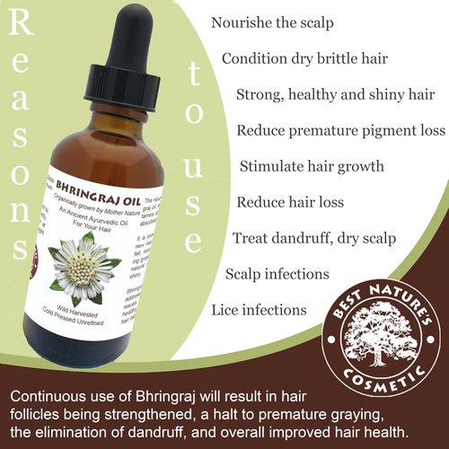 Best Natures Bhringraj Oil, Indian Eclipta Alba Oil, Pure and Natural, Cleans scalp, Improve overall appearance of hair. Goodbye Dandruff, For Graying, Hello Luminously shiny hair / 2 fl oz