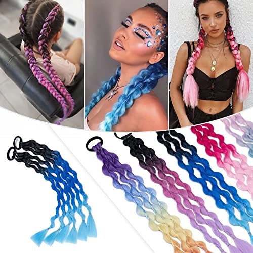Hairro Colored Braids Hair Extensions with Rubber Bands Rainbow Braided Synthetic Hairpieces Ponytail Hair Accessories for Women Kids Girls Party Highlight 20 Inch 2pcs/Pack