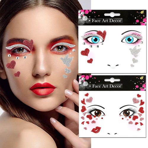 Vsdski Valentine's Day Face Stickers Red Love Lips Temporary Tattoo Stickers Glitter White Dove Gems Temporary Tattoo for Adult Kids Face Makeup Festive Cosplay Party Decoration