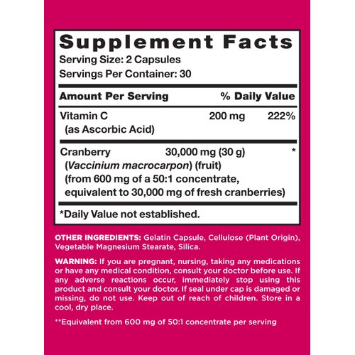 PINK Cranberry Pills for Women | 60 Capsules | Plus Vitamin C | Non-GMO & Gluten Free Extract Supplement | Supports Urinary Tract Health