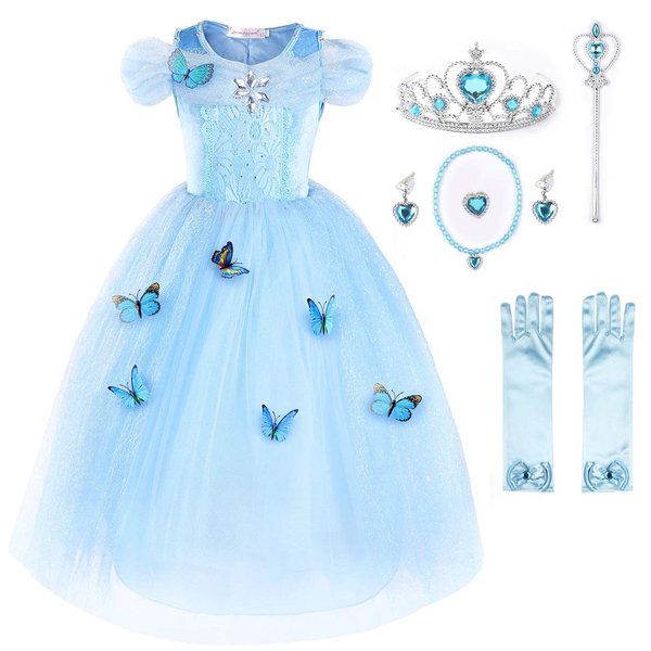 JerrisApparel Flower Girls Dress Princess Costume Butterfly Girl (2 Years, Sky Blue with Accessories)