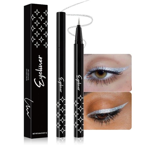 evpct 1Pcs Silver Pearl White Glitter Glittering Diamond Shimmer Liquid Eyeliner Eye Makeup Pencil Set, Sparkle Shimmer Colored Eyeliner Pen Waterproof Smudge Proof Long Lasting High Pigmented 01#