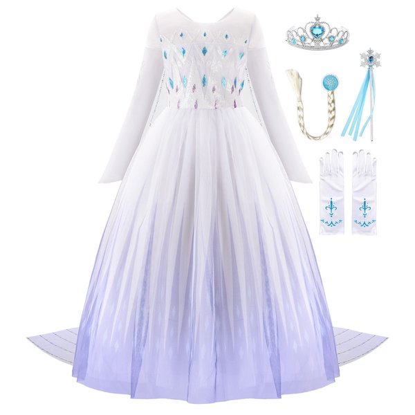 JerrisApparel Girl Princess Costume Snow Party Dress Halloween Cosplay Dress up (5, White with Accessories)