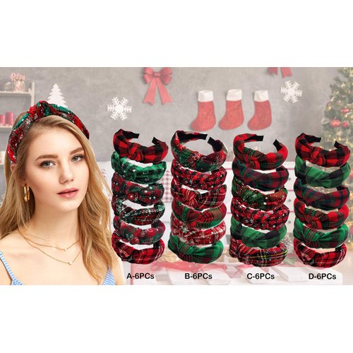 KizBruo 6PCs Christmas Knotted Plaid Headbands Fashion Vintage Turban Green Hair Band Retro Wide St. Patrick's Day Headband for Women Girl Christmas Hair Accessories (D-6PCs)