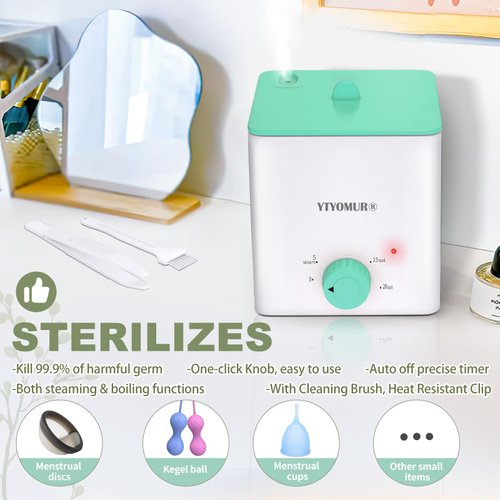 YTYOMUR Menstrual Cup Steamer Sterilizer with 2 Reusable Period Cups, Menstrual Cups Cleaner Wash Kit, Auto Off High Temperature Steam Sterilization for Women Feminine Hygiene Care