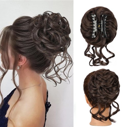 aforystanys Messy Bun Hair Piece Claw Clip Hair Bun Extension Curly Wavy Tousled Updo Hair Extensions Synthetic Chignon Buns Hair Pieces for Women-Dark Brown