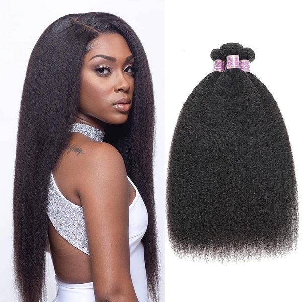 Kinky Straight Human Hair 3Bundles Natural Black Yaki Straigh Brazilian Virgin Remy Hair Grade 10A 100% Unprocessed Kinky Straight Human Hair Extensions (18 20 22 Inch, 3 Bundles)