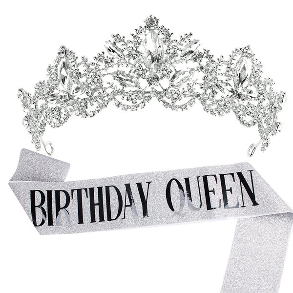 Birthday Crowns for Women, Aprince Birthday Tiaras for Women Crowns and Tiaras for Women Girls Birthday Crown and Birthday Queen Sash Silver Crown Queen Tiara for Wedding Prom Party Halloween