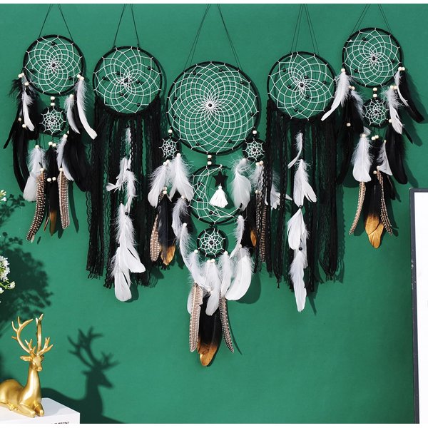 Dream Catchers Boho Wall Decor Moon and Sun Feather Handmade Traditional Dream Catcher Wall Hanging Decor for Kids Bedroom Adult Living Room Home Bohemian Decorations (Black Set)