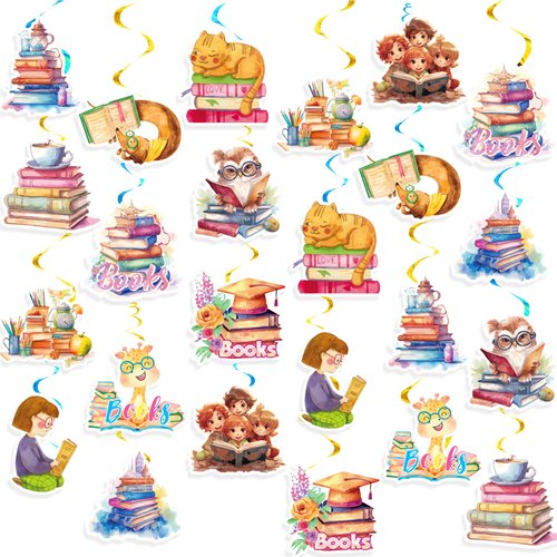 24 PCS Books Hanging Swirl Decorations Reading Ceiling Streamers Hanging Decorations Books Party Decorations for Books Birthday Party Supplies Library Decorations