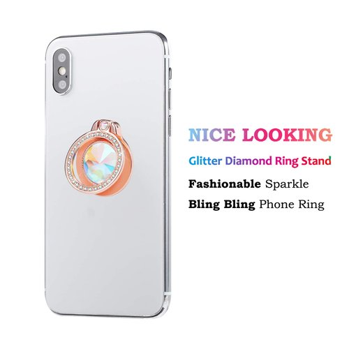 lenoup Glitter Bling Bling Phone Ring Holder, Sparkle Phone Ring Artificial Diamond Stand, Rhinestone Cell Phone Finger Ring for Phones,Pad(Rose Gold)