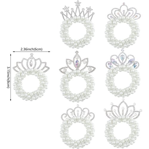 7 Pcs Pearl Crown Hair Ties White Pearl Beads Hair Scrunchies Elastic Hair Bands Beaded Ponytail Holder Crystal Princess Hair Rope Ties Accessories for Women Girls