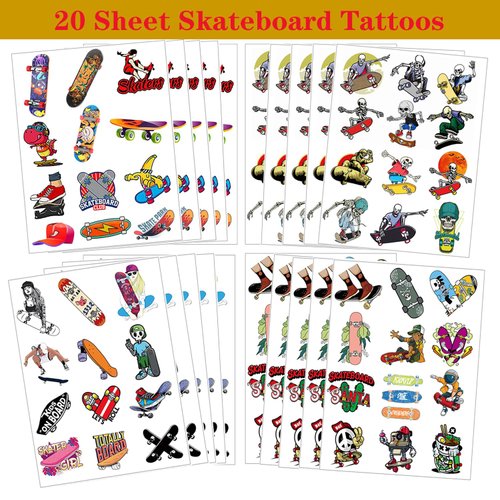 20Sheet Skateboard Sports Temporary Tattoos Stickers 240Pcs Party Decoration Supplies for Girls Boys Birthday Halloween Party Favors Goodie Bags Fillers Exchange Gifts School Prizes Game Rewards