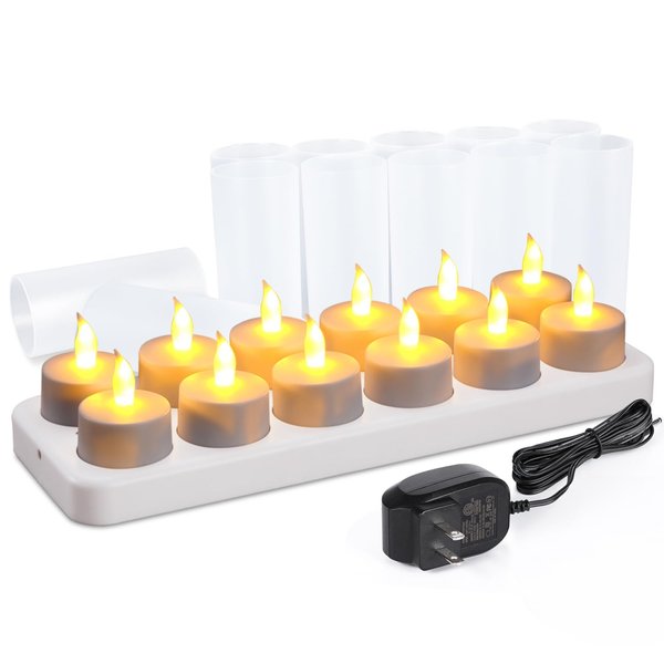 WoneNice Rechargeable Tea Lights Flickering Flameless Candles with Charging Base and AC Adapter, Romantic Deco for Home Parties, Restaurants, Weddings, Christmas