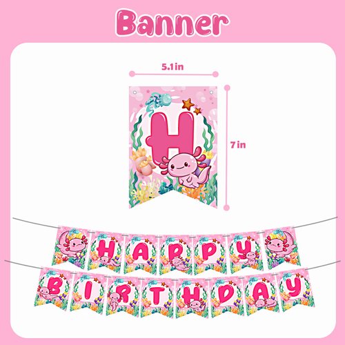 94 Pcs Axolotl Birthday Decorations Party Supplies Axolotl Cupcake Toppers Balloons Happy Birthday Banner Stickers