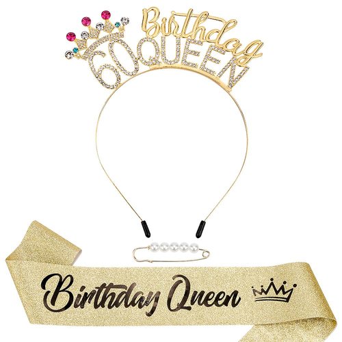 60th Birthday Decorations Women Birthday Headband,60 Birthday Queen Sash and Crown,60th Birthday Crown and Sash,60th Birthday Tiara,60th Birthday Gifts for Women,Happy 60th Birthday Party Decorations