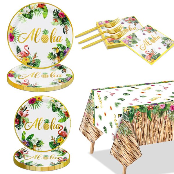 Luau Party Decorations, 81Pcs Hawaiian Party Decorations with Plates, Grass Skirt Tablecloth, Napkins, Forks for Summer Beach Party Aloha Party