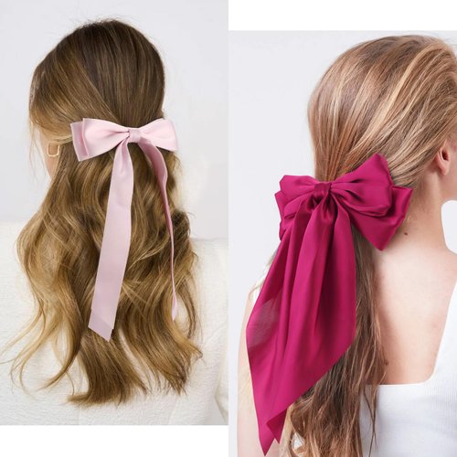 Atoden Pink Hair Bows 4Pcs Silky Satin Hair Ribbons Cute Coquette Bows Oversized Long Tail Bow Hair Barrettes Metal Clips Big Bowknot Hair Accessories for Women Teen Girl Gifts Trendy Stuff