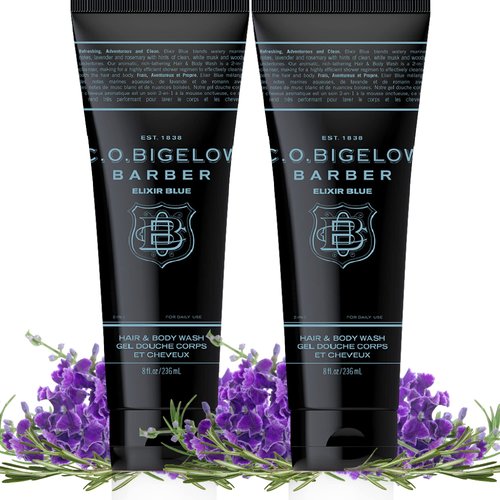 C.O. Bigelow Hair and Body Wash for Men Elixir Blue, No. 1604, 8 fl oz, Mens Body Wash & Shampoo, Lavender & Rosemary Moisturizing Mens Shampoo & Body Wash - Elixir Blue, No. 1604, 8 fl oz, Pack of 2