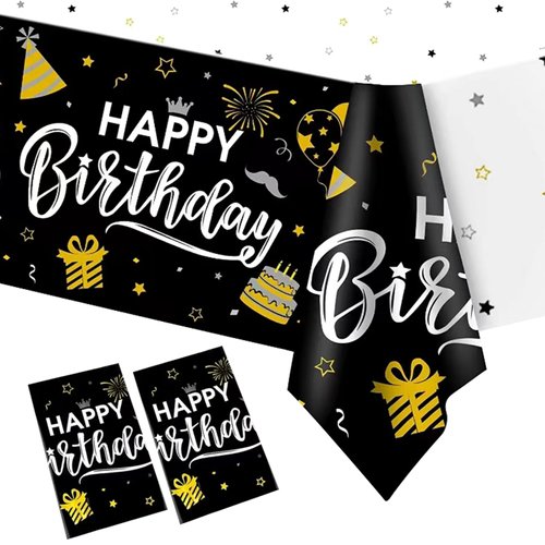 EVYIENEN 2 Pcs Happy Birthday Plastic Tablecloths 54 x 108 Inch Disposable Black Gold Birthday Party Decorative Table Cover for Kids, Adults Birthday Party Supplies (2, Black)