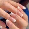 Medium Length Press on Nails Nude French Tip Fake Nails Pink White Gradient False Nails Glossy Natural Glue on Nails Reusable Acrylic Artificial Nails for Women Girls Nail Manicure Decoration 24pcs