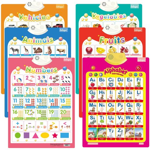 6Pcs Electronic Interactive Alphabet Wall Chart for Kids, ABC Learning for Toddlers,Learning Toys for Toddlers, Talking ABC,123s,Animal,Fruits,Vehicles & Vegetables Poster,Preschool Gifts for Kids