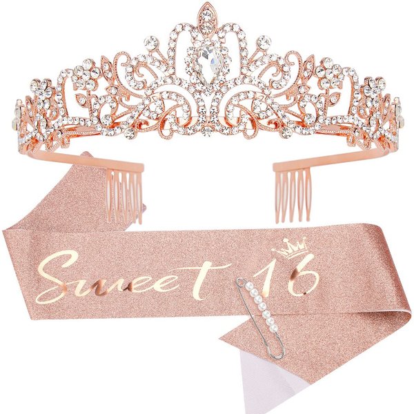AOPRIE Birthday Sash for Girls Birthday Crowns Sweet 16 Birthday Tiara for Women Rose Gold Birthday Girl Headband Princess Crown Rhinestone Happy Birthday Accessories