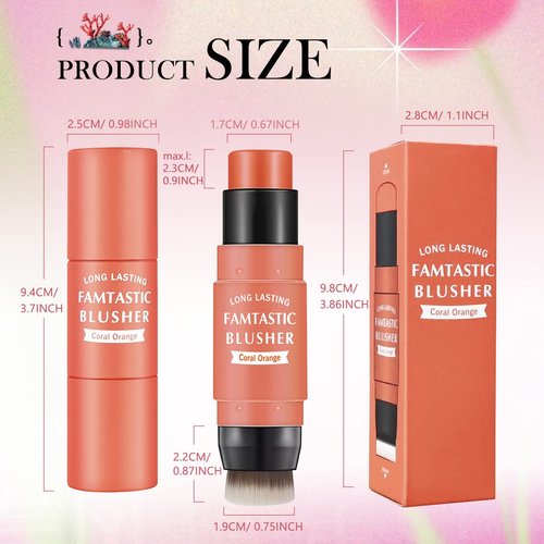 LOKFAR Cream Blush Stick for Cheeks Blush Makeup - 2 in 1 Multi Stick Blush for Cheeks Tint & Eyes & Lips, Cheek Makeup Stick Makeup Blush with Brush, Waterproof Creme Blush (#03 Coral Orange)