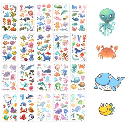 20 Sheets Ocean Temporary Tattoos, More than 210 Styles Marine Creature Cartoon Tattoos Sticker Waterproof Glitter Ocean Sea Animals Temporary Under the Sea Tattoos for Kid Beach Party Decorations