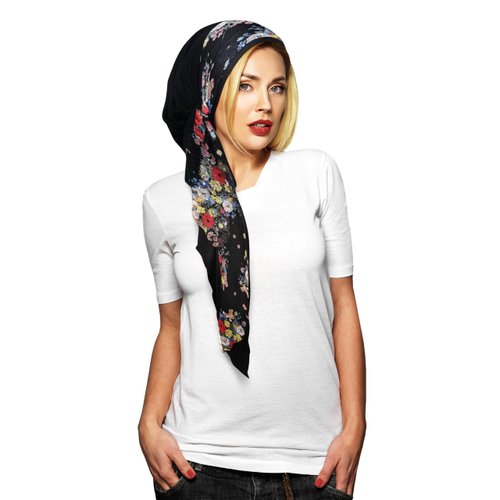 ShariRose Black Floral Headscarf Soft Cotton Head Wear Head Wrap for Women Head Cover Versatile Wrap Style Many Ways (Black floral lace)
