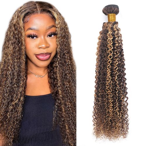 P4/27 Highlight Curly Wave Bundle Human Hair Kinky Curly Brown and Honey Blonde Bundle 100% Unprocessed Brazilian Virgin Hair Extensions Tow Tone Hair Bundle Piano Color 10 Inch