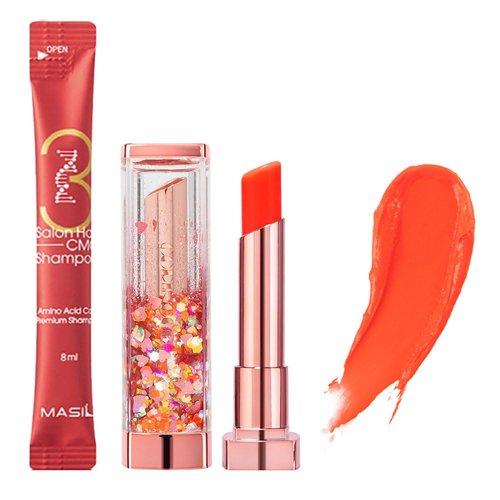 [SET] CORINGCO Sparkle Cute Color Changing Lip Balm｜ Colored Lip Cream Lip Gloss, Glitter Lip Care Lip Pack Birthday Gift Glitter Gift Sequin Shiny Spangle Lipbalm (#04 Orange Red)