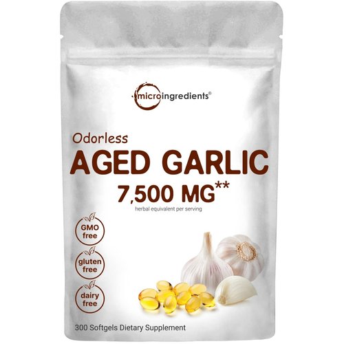 Micro Ingredients Odorless Garlic 7500mg Per Servings, 300 Softgels | 2 Years Aged Garlic Extract, Grown Allium Sativum Bulb | Potent Antioxidant Supplement, Immune Support, and Heart Health