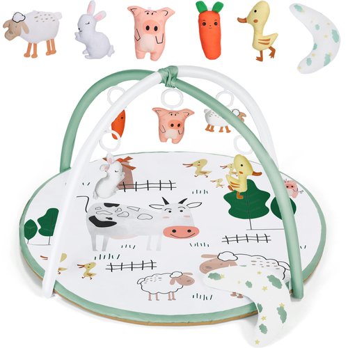 Baby Play Gym Mat, Tummy Time Activity Mat with 5 Detachable Toys and Pillow for Newborn Stage-Based Sensory and Motor Skill Development, Infant Play Mat for Babies to Toddlers