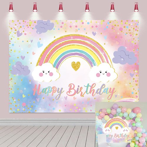 Rainbow Happy Birthday Banner Backdrop for Girl Women Colorful Rainbow Party Decorations Backdrop Pastel Rainbow Kid Girl Baby Shower Party Cake Table Supplies (70x40 inch (6x4FT))