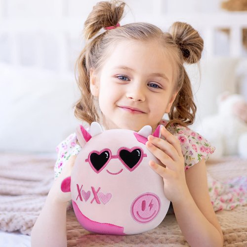 NOVBAUB Preppy Cow Stuffed Plush Toys 8 Inch Cute Pink Stuffed Cow Plush Toys for Girls Teens Lovely Y2K Soft Stuffed Plush Cow Pillows for Kids Teens Adults Birthday Party Gift