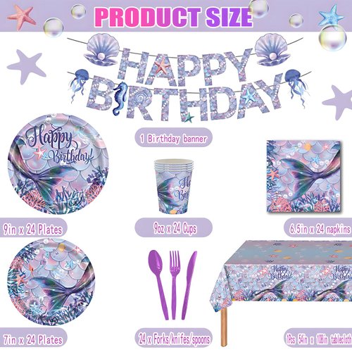 170Pcs Mermaid Birthday Party Decorations , Mermaid Party Supplies Set Includes Napkins, Tablecloths, Cups, Plates, Knives, Forks, Spoons, Ocean Theme Birthday Party Banners, Serves 24