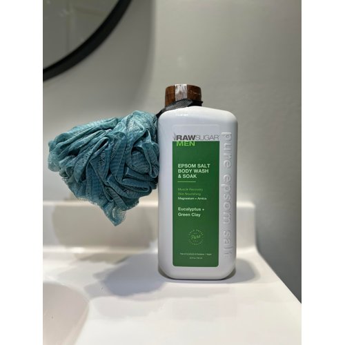 Generic Raw Sugar Bath Bundle: (1) Men's Epsom Body Wash + Bath Soak - Eucalyptus and Green Clay - 25 fl oz ea. (1) Sponge Bath Loofah, clear