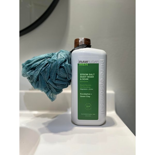 Generic Raw Sugar Bath Bundle: (1) Men's Epsom Body Wash + Bath Soak - Eucalyptus and Green Clay - 25 fl oz ea. (1) Sponge Bath Loofah, clear