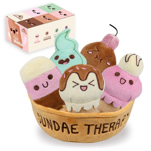 Cute Plushies for Emotional Support – Sundae Therapy Ice Cream Plush Set– Cute Plush Toy Gifts for Girlfriend - Food Plushies for All Ages - Funny Gifts for Women - Includes 5 Dolls & Carrying Basket