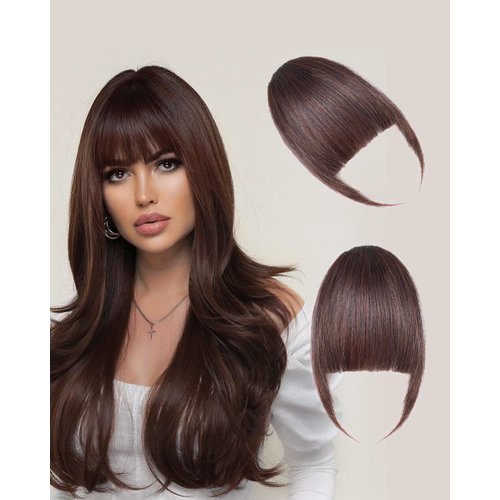 Rosooi Clip in Bangs Human Hair Clip on Bangs for Women Dark Auburn Brown Fake Air Bangs for Dail...