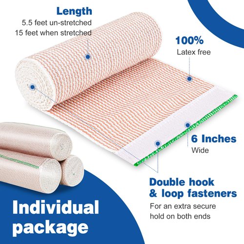 AZEN Premium 12 Pack Elastic Bandage Wrap 6 Inch, Compression Wrap Bandage for Legs, Ankle, Knee, Tummy, Body, Latex-Free, Lymphedema Wraps for Legs