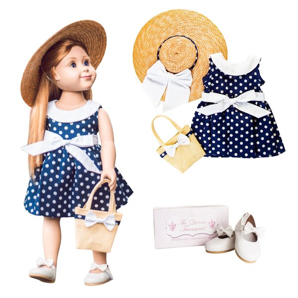 The Queen's Treasures 18 Inch Doll 1950 American Style Navy and White Polka Dot Dress with Hat, Purse, and White Bow Dress Up Shoes, fits 18" Girl Dolls. Doll NOT Included