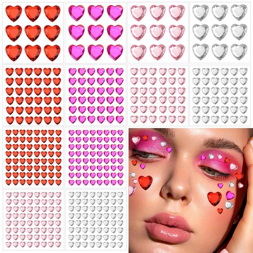 Dazzhues 436 PCS Heart Rhinestones Self Adhesive Sticker Acrylic Heart Gems for Face Hair Body Bling Heart Jewels Crystal Stickers for Wedding Dating Party Decoration DIY Craft (6/10/18mm)