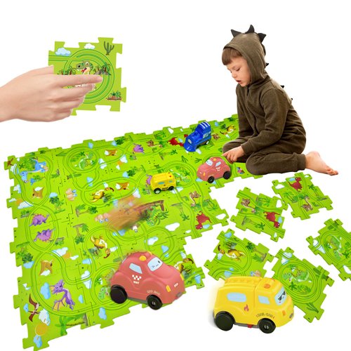 Bearbao Puzzle Track Car Toys for Kids, Upgraded 24 Pieces Plastic Puzzle Rail Tracks with 2 Cute Vehicles, Toddler Boy Toys for 3 4 5 6 Years Old, Preschool Educational Puzzle for Kids 3-5