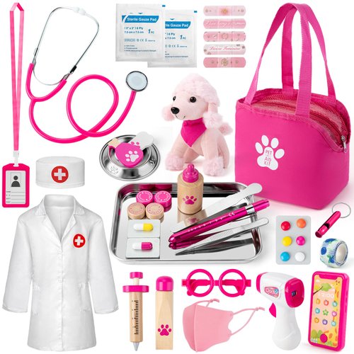 Doctor Kit for Kids Girls, 36 Pcs Veterinarian Playset for Kids, Doctor Kit for Toddlers 3-5 with Dog Toy & Real Stethoscope, Kids Vet Kit Pretend Play Doctor Toys, Doctor Play for Kids
