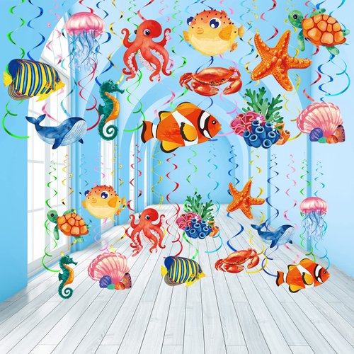 Clabby 30 Pcs Tropical Fish Hanging Swirls Under the Sea Party Decorations Ceiling Decor Ocean Themed Party Mermaid Creatures Beach Party Supplies Under the Sea Decor(Mixed Style)