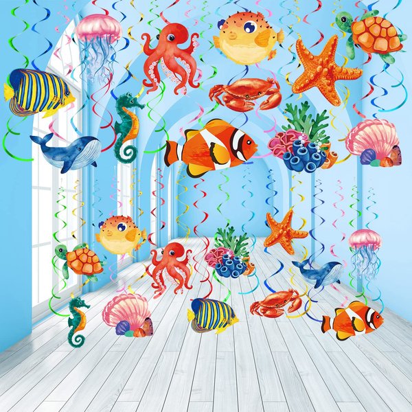 Clabby 30 Pcs Tropical Fish Hanging Swirls Under the Sea Party Decorations Ceiling Decor Ocean Themed Party Mermaid Creatures Beach Party Supplies Under the Sea Decor(Mixed Style)