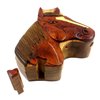 Oberstuff Mane Stay Horse Head All Natural Exotic Woods Puzzle Box, 4.75 X 4.5 X 2 with Sliding Wooden Key Lock, Sliding Cover and Inner Lid to Hidden Compartment. Hand-Made Wood Onlay Design on Lid.
