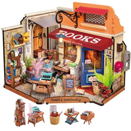 Rolife DIY Miniature House Kit 1:20 Scale Bookstore, Build Mini House Building Kit with LED Lights Craft Kits for Aduls Gifts for Him Her